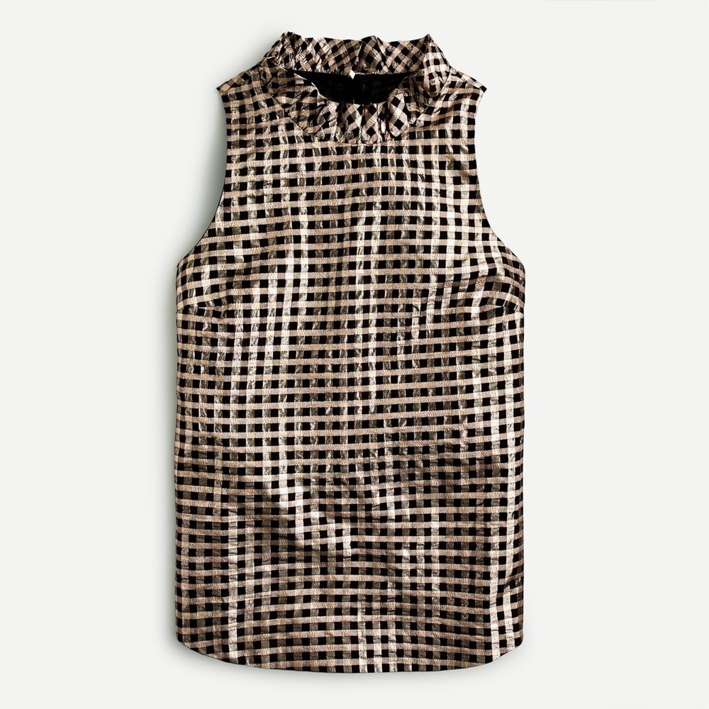 NWT J. Crew Ruffle-neck Sleeveless Top in Lurex Crinkle gingham Copper Black